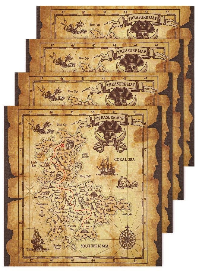 Tegeme 4 Pieces Pirate Treasure Map Adventure Vintage Treasure Map for Pirate Party Supplies, Halloween Party Supplies Accessory Home Decor, 17.7 x 13 Inch - Image 1